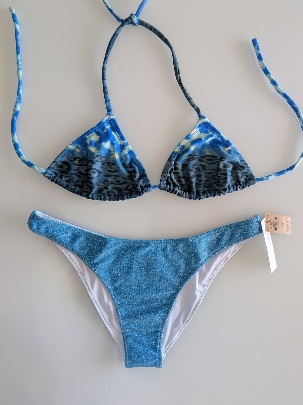 Victoria’s Secret Pink Shimmer Bikini Bottom S M Blue Leopard Triangle Top S M
